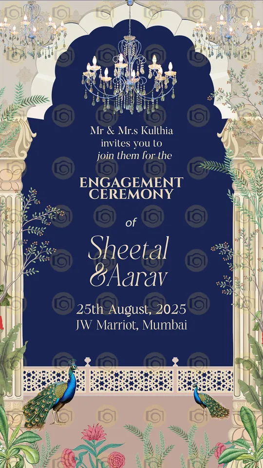 Elegant Peacock Themed Engagement Invitation With Vibrant Colors And Intricate Designs